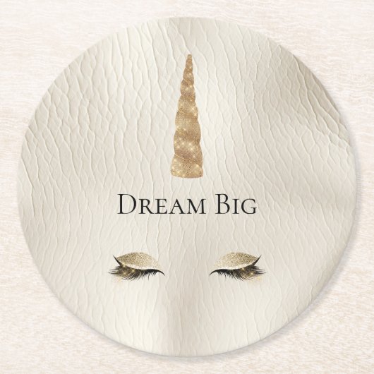 Creme Imitats Leather Gold Sparkle Glam Einhorn Runder Pappuntersetzer (Vorderseite)