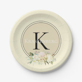 Creme Individuelle Name Monogram White Roses Pappteller