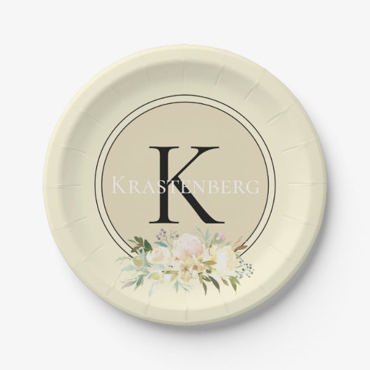 Creme Individuelle Name Monogram White Roses Pappteller (Vorderseite)
