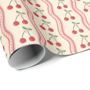 Creme-Kirsch-Muster mit rosa welligen Streifen Geschenkpapier