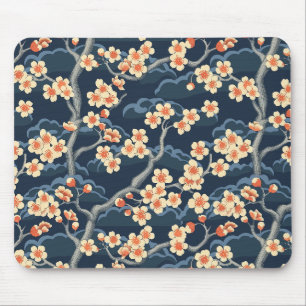 Creme Korallen Sakura Navy Blau Blumenmuster Mousepad