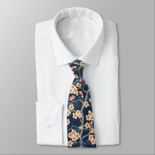 Creme Korallen-Sakura-Navy-Blumenmuster Krawatte