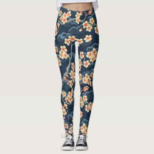 Creme Korallen-Sakura-Navy-Blumenmuster Leggings