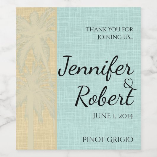 Creme Leinen und Blauer Palmen Weinetikett (Einzelnes Label)