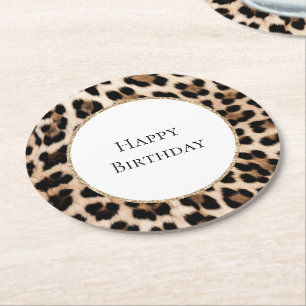 Creme Leopard Tier Gold Glitter Geburtstag Runder Pappuntersetzer