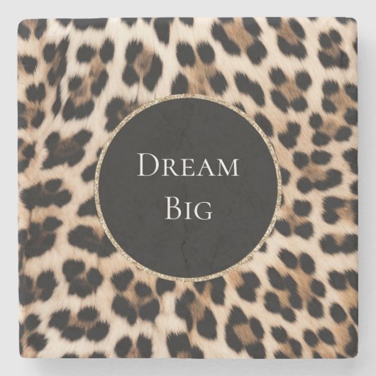Creme Leopard Tier Gold Glitter Steinuntersetzer (Vorderseite)