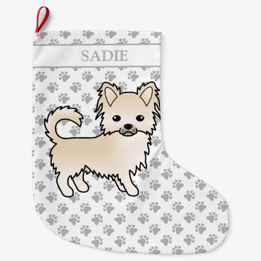 Creme Long Coat Chihuahua Cartoon Dog & Name Großer Weihnachtsstrumpf (Vorderseite)