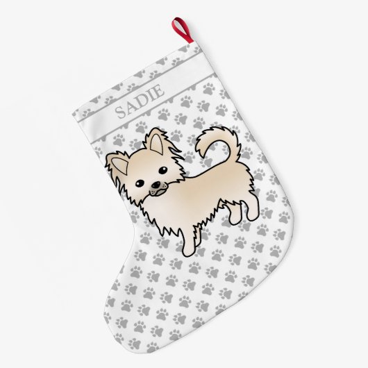 Creme Long Coat Chihuahua Cartoon Dog & Name Großer Weihnachtsstrumpf (Rückseite (Hängend))