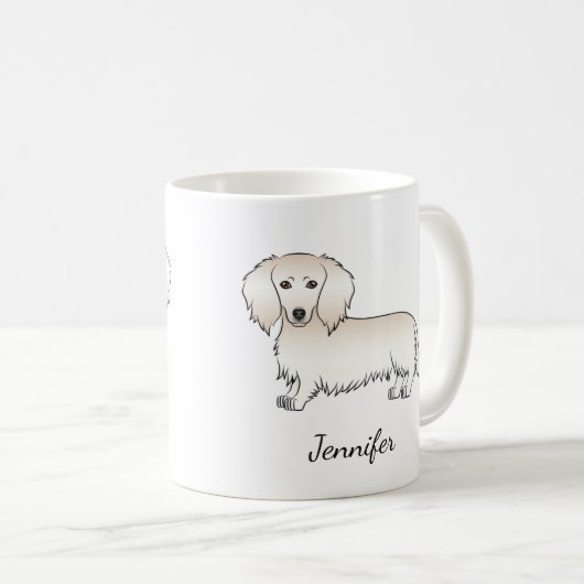 Creme Long Hair Dackel Niedlich Cartoon Dog & Name Kaffeetasse (VorderseiteRechts)