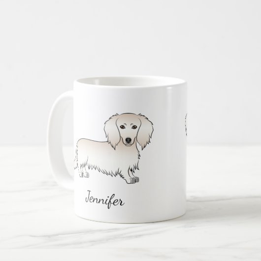 Creme Long Hair Dackel Niedlich Cartoon Dog & Name Kaffeetasse (Vorderseite Links)