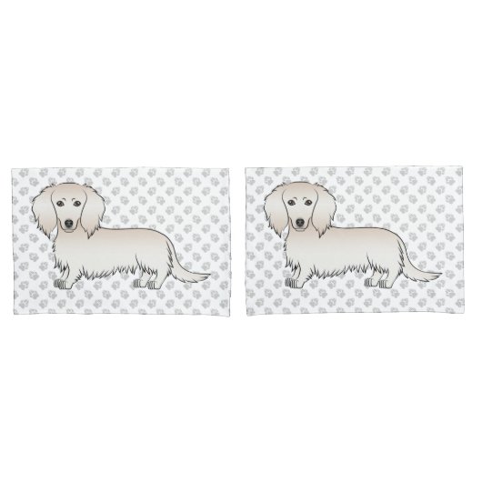 Creme Long Hair Dackel Niedlich Cartoon Dog & Paws Kissenbezug (Vorderseite-Set)