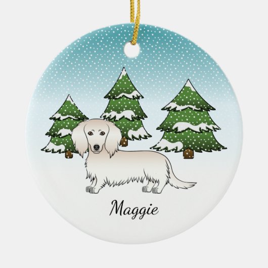 Creme Long Hair Dackel Niedlich Hund - Winterwald Keramik Ornament (Vorne)