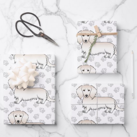 Creme Long Hair Dackel Niedlich Hunde Muster & Pfo Geschenkpapier Set (Vorderseite)