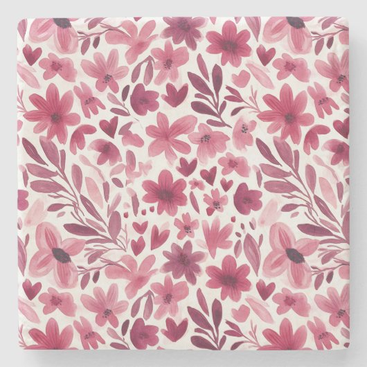 Creme Mädchenhaft Rosa Rote Blumen Herzen Steinuntersetzer (Vorderseite)