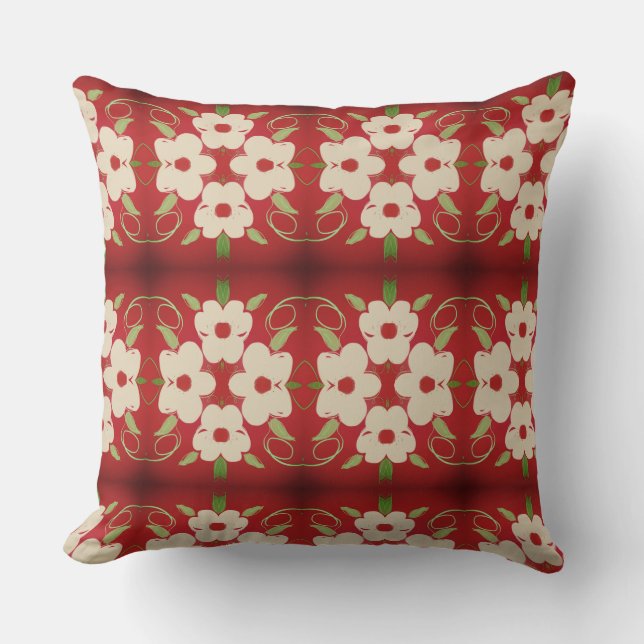 Creme mit Cranberry Rot Floral Kissen (Vorderseite)