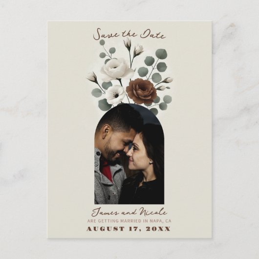 Creme Mocha Modern Floral Save the Date Ankündigungspostkarte (Vorderseite)