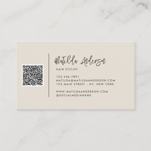 Creme moderne minimale Skripte QR CODE Visitenkarte (Rückseite)