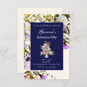 Creme & Navy Blumenkuchen zum Geburtstag Einladung (Vorne/Hinten)