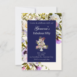 Creme & Navy Blumenkuchen zum Geburtstag Einladung