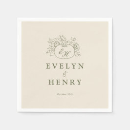Creme-olivfarbene Hochzeitsservietten mit Monogram Serviette