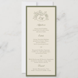 Creme-Olivgrün-Monogramm-Hochzeitsmenükarte Einladung