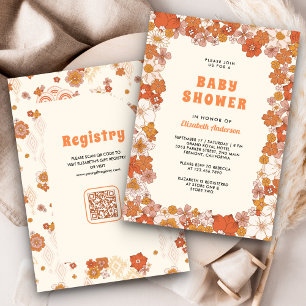 Creme Orange Groovy Retro Wildblumen Babyparty Einladung