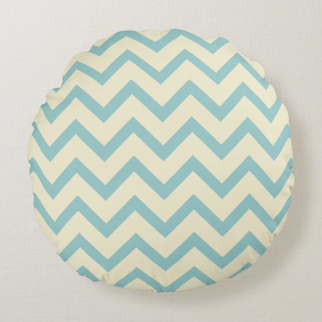 Creme & Pastel Aquamarin Zickzack Zigzag Muster Rundes Kissen (Vorderseite)