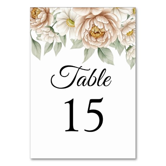 Creme Pfingstrosen Blumen Hochzeit Tischnummer Kar (Vorderseite)
