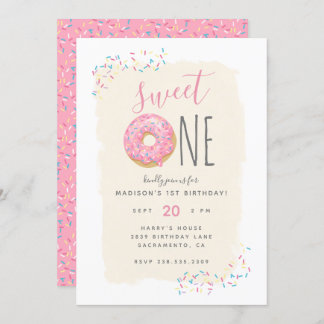 Creme | Pink Doughnut Sprinkle Sweet 1st Birthday Einladung