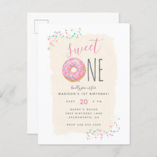 Creme | Pink Doughnut Sprinkle Sweet 1st Birthday Einladungspostkarte