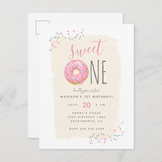 Creme | Pink Doughnut Sprinkle Sweet 1st Birthday Einladungspostkarte (Vorne/Hinten)