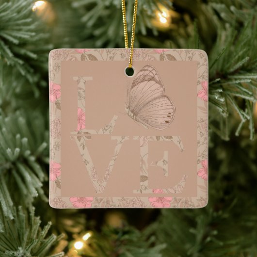 Creme Pink Liebe Schmetterling Floral Keramikornament (Baum)