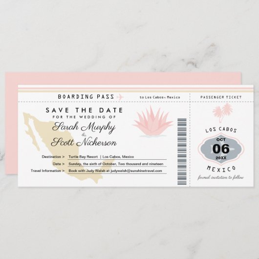 Creme Pink Mexiko Save the Date Boarding Pass (Vorne/Hinten)