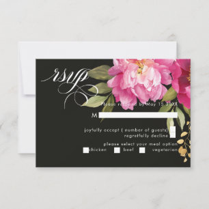 Creme & Pink Peony Watercolor Blume Schwarz RSVP Karte
