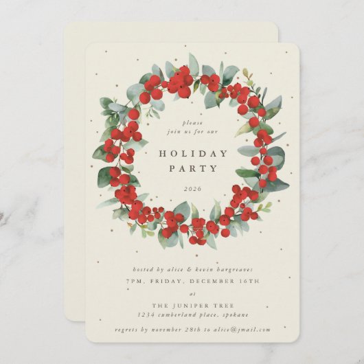 Creme Red Berries+Eucalyptus Wreath Holiday Party Einladung (Vorne/Hinten)