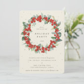 Creme Red Berries+Eucalyptus Wreath Holiday Party Einladung (Stehend Vorderseite)