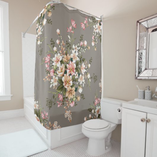 Creme, rosa Blume auf grau. Duschvorhang (Beispiel)