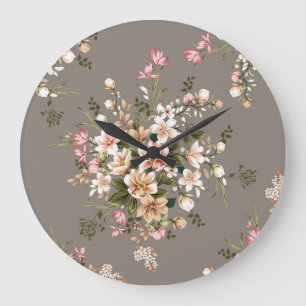 Creme, rosa Blume auf grau. Große Wanduhr