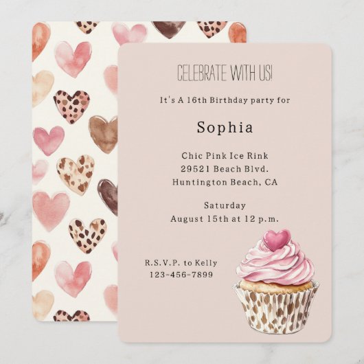 Creme Rosa Herz Cupcake Leopard Geburtstag Einladung (Vorne/Hinten)