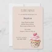 Creme Rosa Herz Cupcake Leopard Geburtstag Einladung (Vorderseite)
