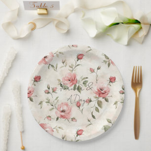 Creme-Rosa-Rosen Florale Hochzeit Pappteller