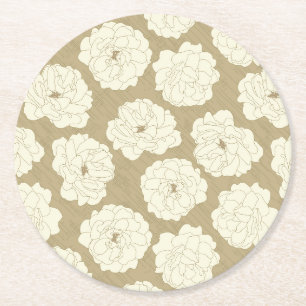 Creme Rose auf Golden Beige - nahtlos. Runder Pappuntersetzer