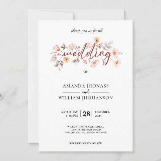 Creme Rose Botanische Pampas Grass Boho Hochzeit Einladung (Vorderseite)