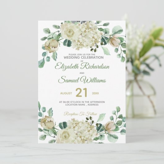 Creme Rose Bud Hydrangea Wasserfarbe Classic Einladung (Stehend Vorderseite)