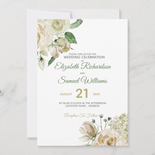 Creme Rose Bud Hydrangea Wasserfarbe Classic Einladung (Vorderseite)