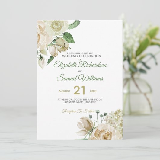 Creme Rose Bud Hydrangea Wasserfarbe Classic Einladung (Stehend Vorderseite)