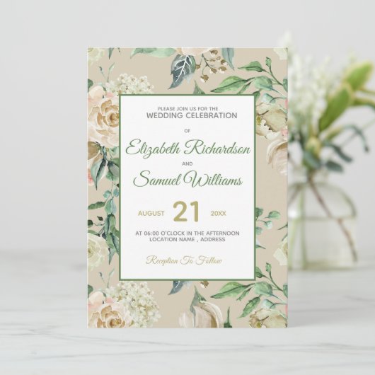 Creme Rose Bud Hydrangea Wasserfarbe Classic Einladung (Stehend Vorderseite)