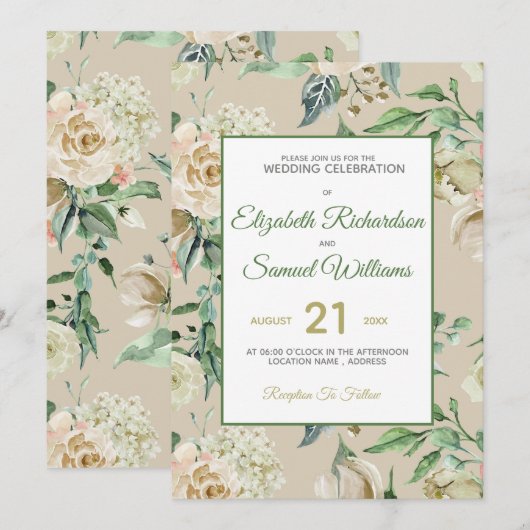 Creme Rose Bud Hydrangea Wasserfarbe Classic Einladung (Vorne/Hinten)