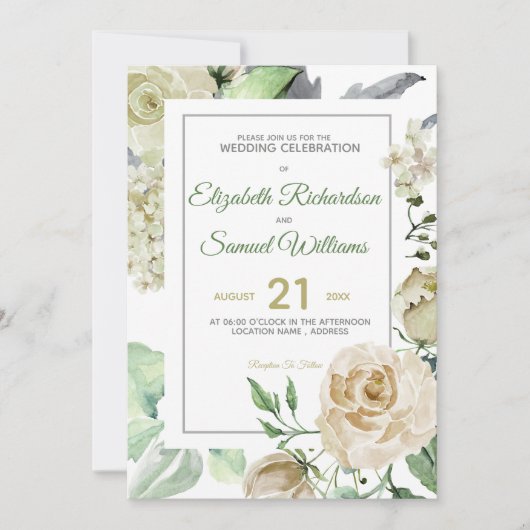 Creme Rose Bud Hydrangea Wasserfarbe Classic Einladung (Vorderseite)