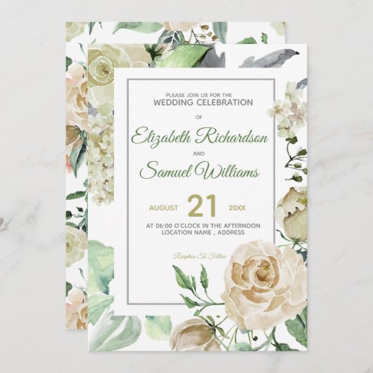 Creme Rose Bud Hydrangea Wasserfarbe Classic Einladung (Vorne/Hinten)